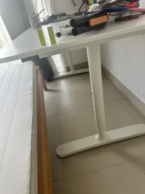 IKEA study desk with shelving unit and chair for sale — AED 350 for everything.