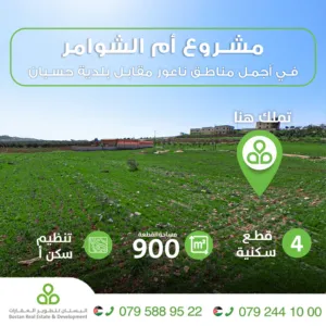 أرض للبيع مقابل بلدية حسبان وشارع مأدبا الغربي ناعور /المساحات 1000م2/سكن (أ)