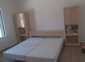 King Size Bed Frame with 2 Matching Storage Cabinets & King Mattresses