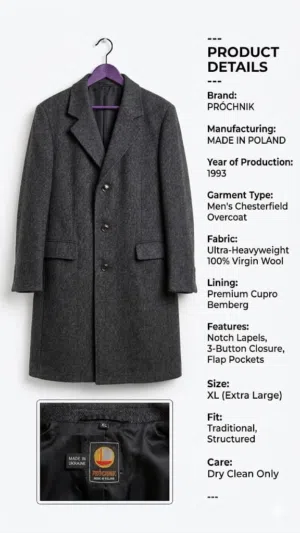 Vintage 1993 Próchnik Mens Chestefield Wool Overcoat XL - Made in Poland