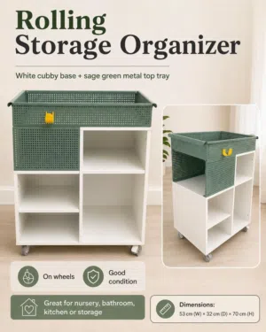 green and white storage with wheels