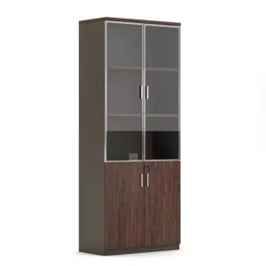 This is a modern wooden office filing cabinet with glass doors and locking compartments