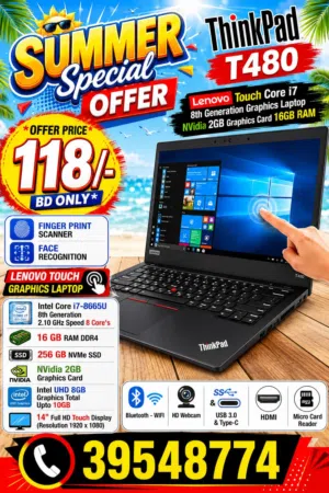 LENOVO Core i7 8th Gen  16GB RAM  256GB NVMe SSD  Touch Screen THINKPAD T480 WhatsApp / Call