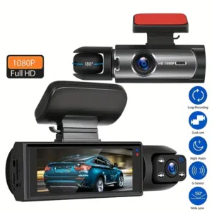 كاميرا سيارة DVR ثنائية الكاميرا مع فيديو عالي الدقة 720P، بطاقة ذاكرة 64GB، كشف الحركة، تسجيل متكرر