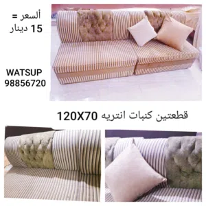 عدد 2 كنبات انتريه بحاله ممتازه مع الكوشيات مقاس كل قطعه 120×70 تقريبا