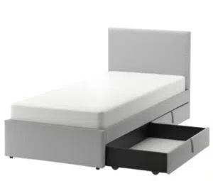 Upholstered bed, 2 storage boxes, light grey, 90x200 cm