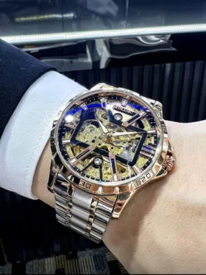 AOKULASIC ساعة ميكانيكية أوتوماتيكية رجالية فاخرة بعقرب فارغ وهيكل بألوان ذهبية وحزام من الفولاذ الم