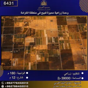 إعلان رقم (6431) وحدة زراعية مميزة للبيع في منطقة الكرامة - 39 دونم