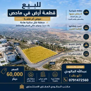 قطعة أرض 600م للبيع بأجمل موقع ماحص وأجمل اطلالة غريبة عفلسطين والبحر الميت