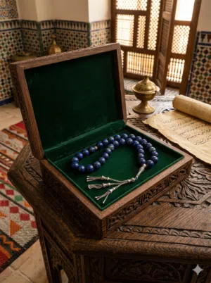 مسبحة حجر لازورد طبيعي مع شاهد وشرشابه فضة..