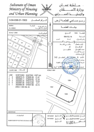 أرض كورنر على الخط الاول من شارع العام بولاية بركاء العقدة جنوب