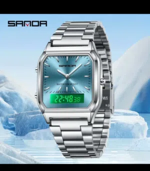 ساعة رجالية SANDA للأداء - تصميم أنيق للأعمال، مقاومة للماء، شاشة مزدوجة، مع ساعة توقيف متوفر توصيل