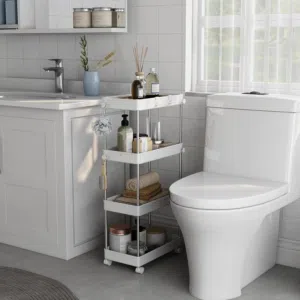 Bathroom organizer in stock with wheels and holes at the bottom Stainless steal