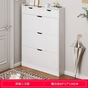 خزانة أحذية خشبية قلاب مع جرارين لون ابيض المقاس 80*17*130سم