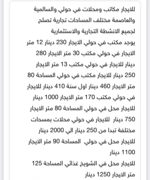 للايجار مكاتب ومحلات في حولي والعاصمة والسالمية مكاتب تجارية تصلح لجميع الانشطة التجارية مختلفة المس