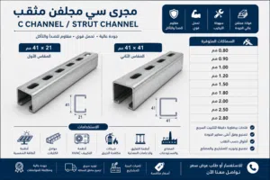 مجرى سي مجلفن مثقب (C Channel / Strut Channel) زوايا تثبيت معدنية مجلفنة تصنيع وبيع بالجملة والمفرق