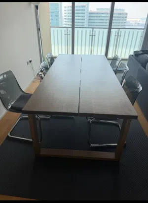 MÖRBYLÅNGA Table, oak veneer brown 220*100 With 6 gray chairs Carpet