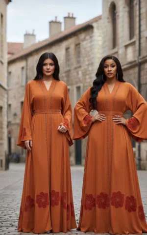 Elegant Premium Abaya – Gold with Red-Brown Touch