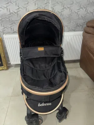 Belecoo Baby Stroller – 360° Swivel Wheels  عرباية أطفال – Black & Gold