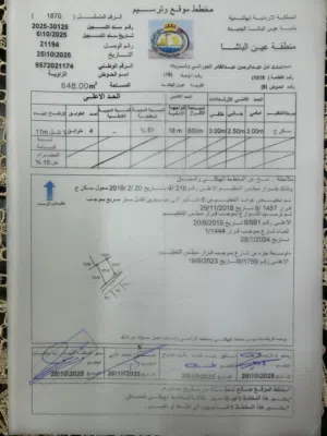 للبيع أرض في عين الباشا - حوض الزاوية المساحة: 648 متر مربع. السعر: 100 دينار للمتر. الموقع: عين الب