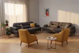 طقم كنب مودرن بحالة ممتازة  2 كنباية تتحول لسرير + 2 كراسي مفردة