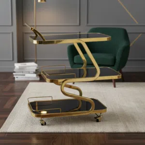 عربة تقديم ذهبية فاخرة بتصميم عصري وأرفف زجاجية سوداء - 108