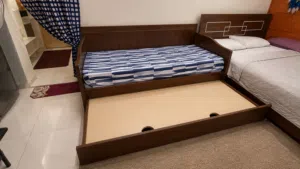 Wooden Single Bed with Pull-Out Trundle and Storage