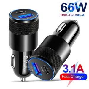 Title: 66W Fast Car Charger - Dual Port (Type-C + USB) Description: Super Fast 66W Car Charge