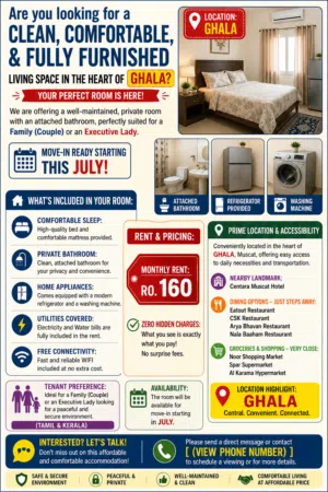 FURNISHED ROOM FOR RENT – GHALA, MUSCAT (Available from July)