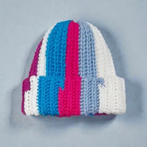 Handmade crochet ribbed multicolored striped beanie in pink, white, purple, blue and light blue