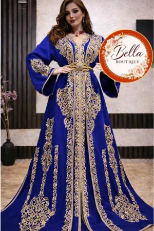 قفطان فاخر بلون الازرق الملكي وتطريز ذهبي