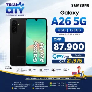 Samsung Galaxy A26 5G with 6GB RAM and 128GB storage in sleek Black color is designed for fast perfo