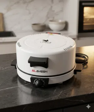 This Alayesh electric Arabic bread maker features a white exterior and a black adjustable temperatur