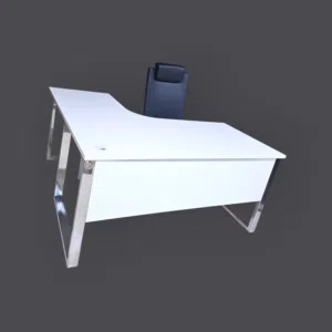 Modern White L-Shape Office Desk 160×80×75cm with Stainless Steel Frame and Side Cabinet