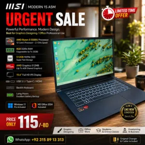 MSI Graphics AMD Ryzen Laptop (Metallic Strong Body) 512GB NVMe SSD 15.6" Full HD Screen Price 115BD