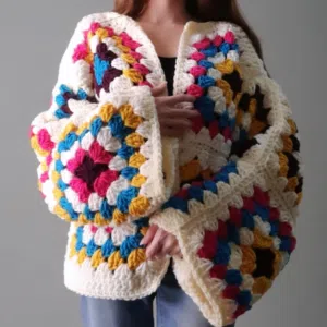 Handmade crochet grannysquare cardigan adult size cream pink purple blue and yellow