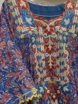 خليجي ازرق ملكي مع احمر ،، الخام شيفون اصلي مع كريستال ولمعه