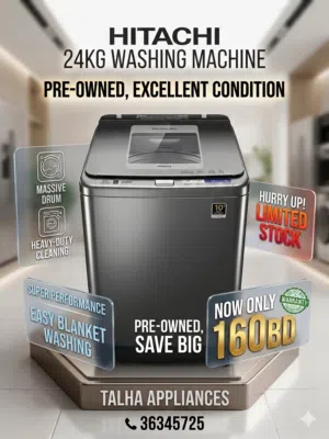 Hitachi 24KG Used Washing Machine Excellent Condition Very Big Drum Super Performance Only 160BD