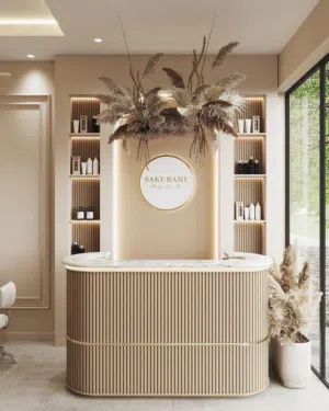 من مجموعتنا الحصرية لدى Deep home للاثاث المكتبي كاونتر إستقبال بتصميم عصري جذااب لوغو خاص مع إضاءة