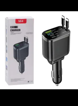شاحن سياره سريع بقوة 120واط  4in1 فيه منفذ تايبسي و USB و واير شحن ايفون و  تايبسي  مدمجين قابلين
