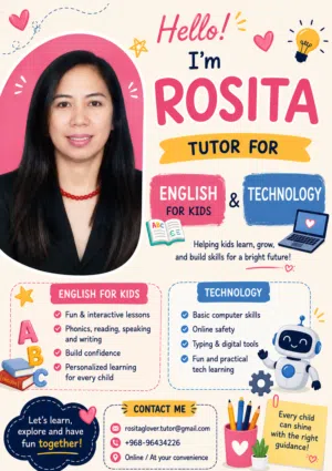 English & Technology Tutor for Kids in Muscat – Available 7 Days a Week for Home or Private Tutoring