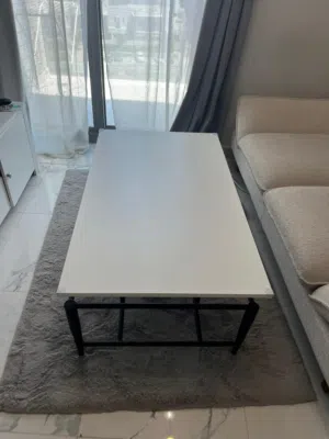 Modern White Coffee Table + Soft Faux Fur Grey Rug Set – Excellent Condition