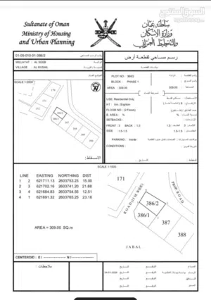 للبيع ارض سكنية في الرسيل جهة الشرق م 309 خلف جامع المروة وقريب خط السريع وجامعة السلطان قابوس