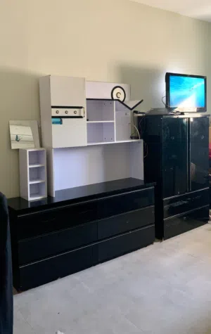 Black Bedroom Dresser Set with White Hutch - Good Condition + Tv