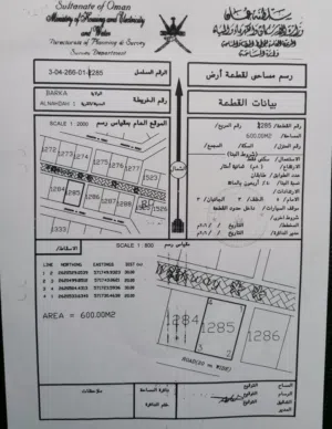 للبيع ارض سكنية ممتازة في بركاء السوادي جنوب 1 مخطط النهضة 1 زاوية، رقم القطعة (1285) .