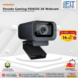 Porodo Gaming 2K 30fps Auto Focus Web Cam with in-built Mic and Tripod - Black