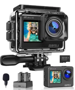 كاميرا أكشن Surfola SF530 بدقة 4K و 60fps شاشة مزدوجة مقاومة للماء تصوير احترافي لكل مغامراتك