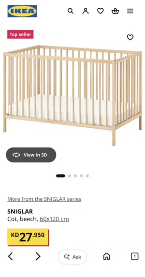 SNIGLAR Cot / Crib for baby with IKEA Mattress, used less than a month only.