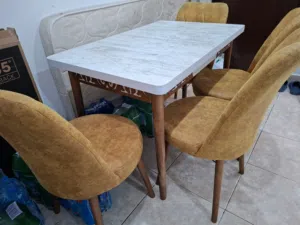 Wooden white table 110×70 with 4 mustard chairs