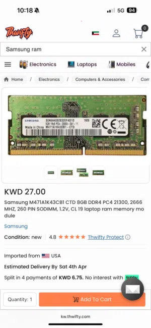 Samsung RAM 8gb DDR4 2666mhz for  مستعمل كالجديد laptop(used like new)